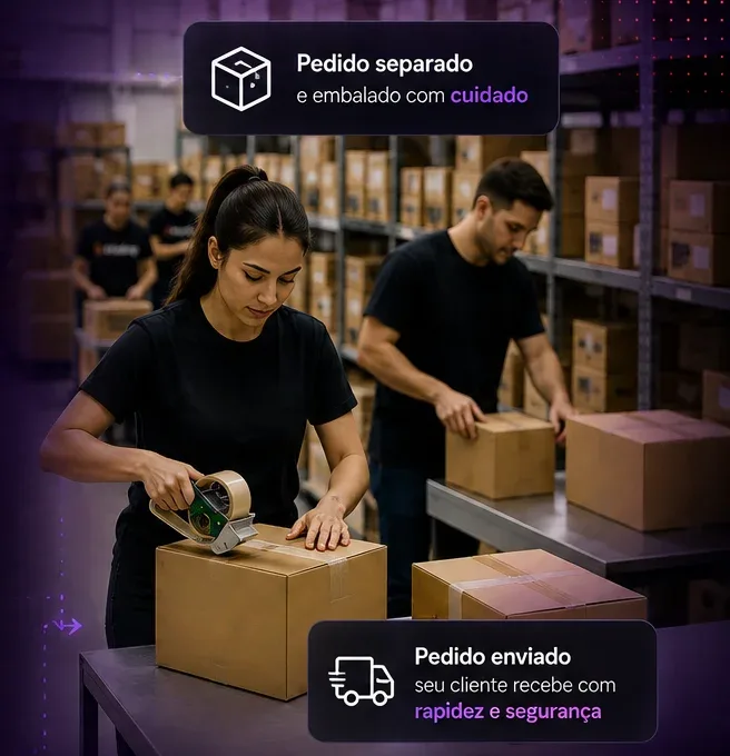 Equipe TrioDrop separando e embalando pedidos